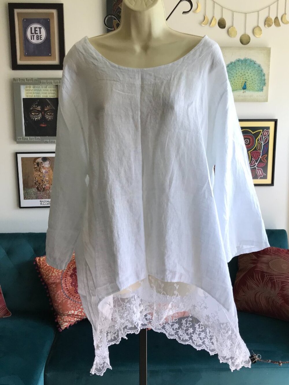 STELLA MARTINI size 1X White Linen Lace Border Lagenlook Ethereal Boho Tunic Top